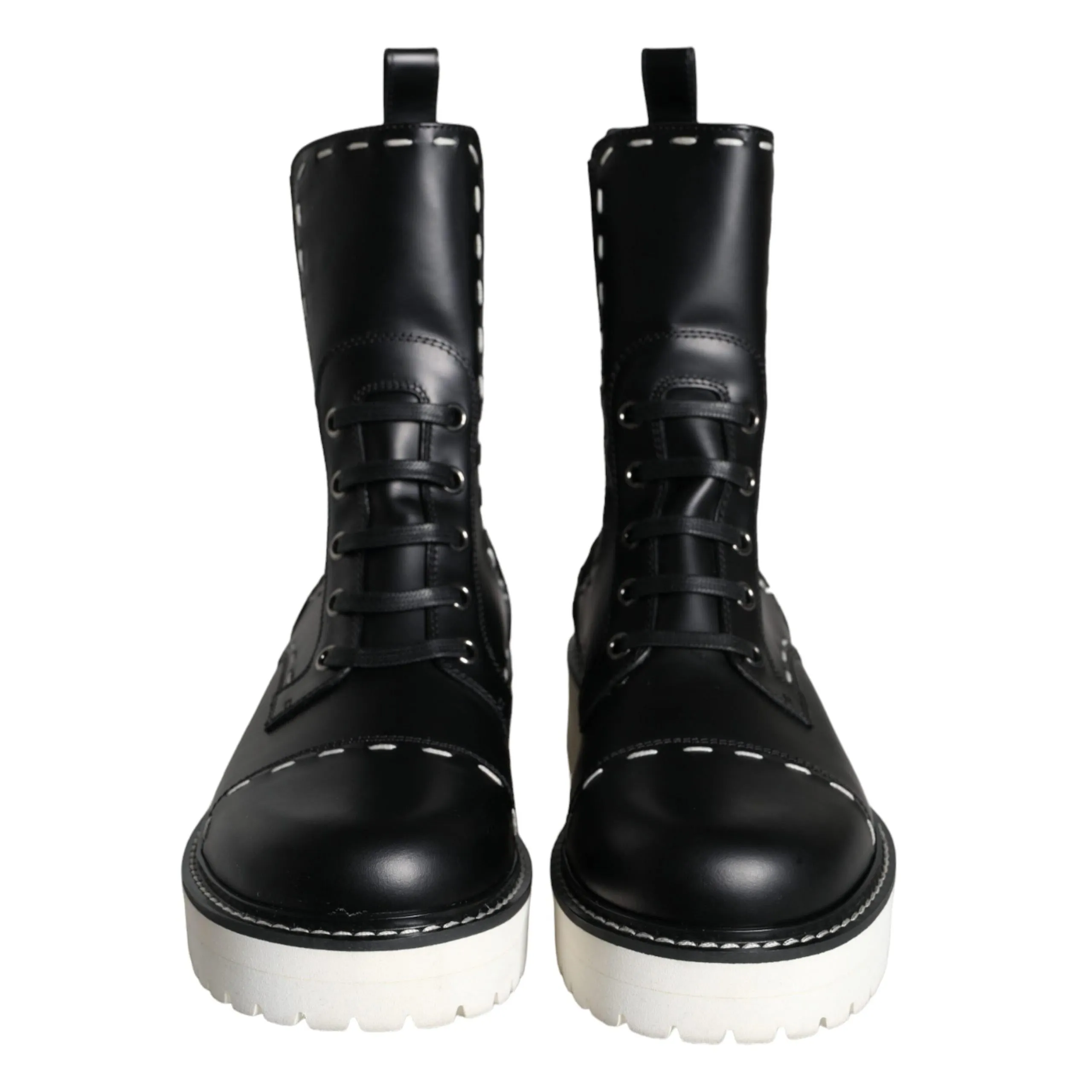 Dolce & Gabbana Black Leather Combat Mid Calf Boots Shoes