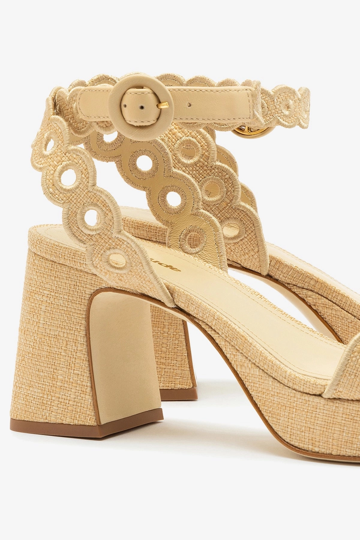Trendy Dolly Broderie Low Sandal In Beige Raffia Strappy Designer Sandals