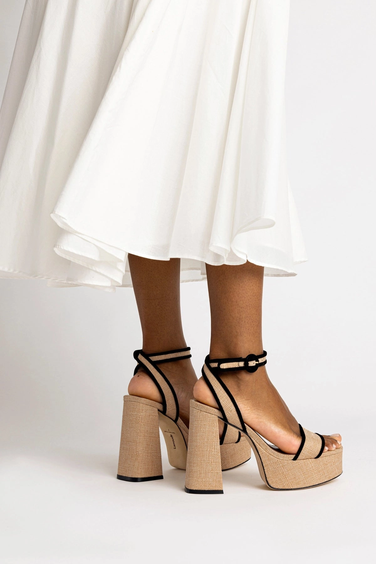 Ankle Strap Sandal Add Ons Dolly Sandal In Beige Raffia and Black Trimming Flexible Groove Design