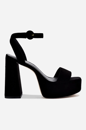 Dolly Sandal In Black Suede Dressy Heels Flexible Summer Sandals Weather Resistant Finish