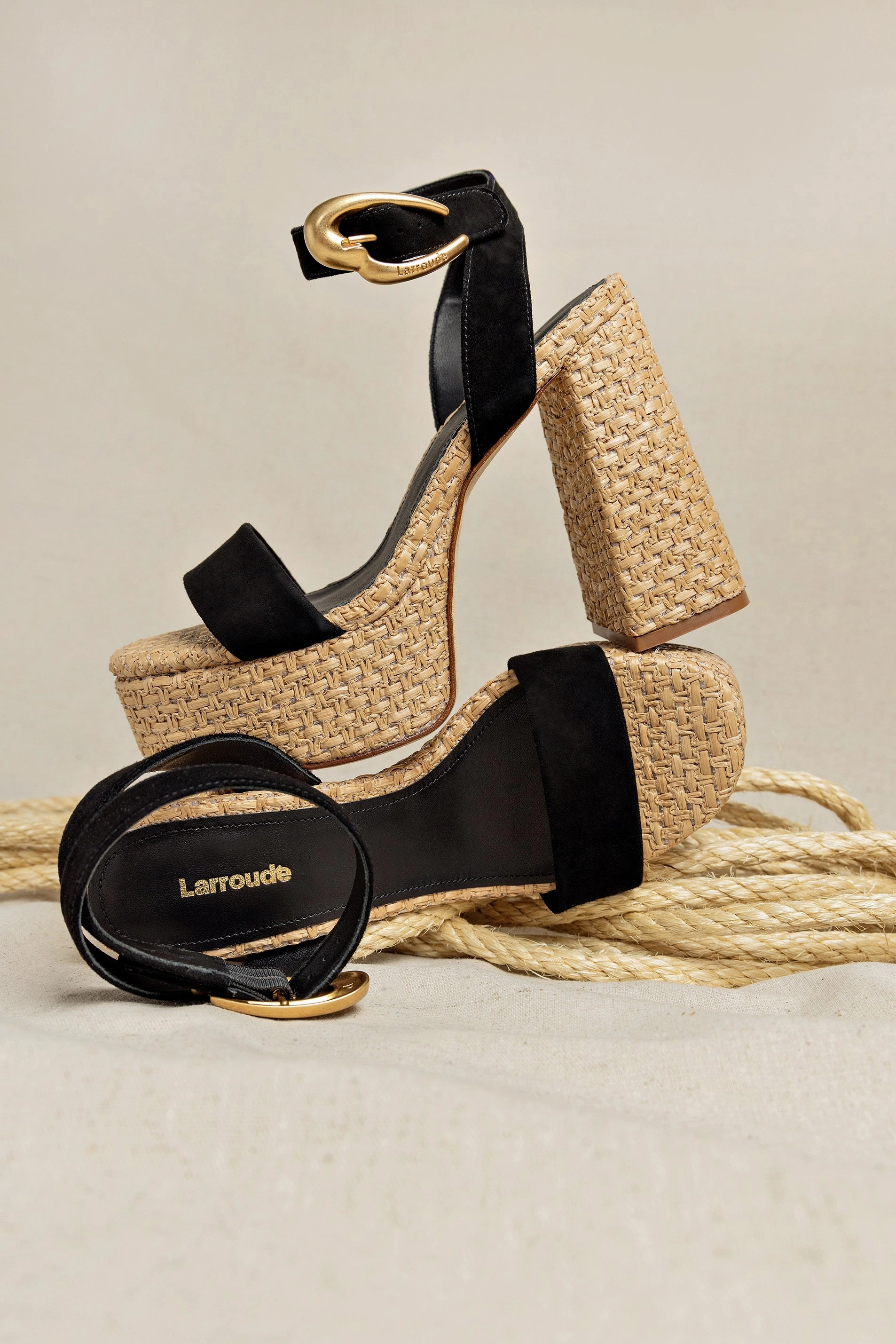 Dolly Verona Sandal In Black Suede and Natural Raffia Fashion Heels Designs On-the-Go Fit Water Resistant Finish