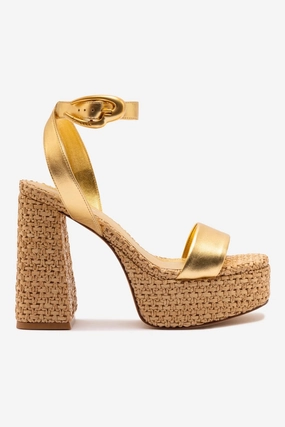 Dolly Verona Sandal In Gold Metallic Leather and Natural Raffia Vegan-friendly Quick Drying