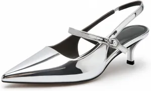 DREAMCIA Metallic Silver Slingback Heels for Women Wide Width Silver Shoes with Pointed Toe Heels Metallic Silver Heels for Women with Buckle Strap Silver Formal Pumps Silver Size 6