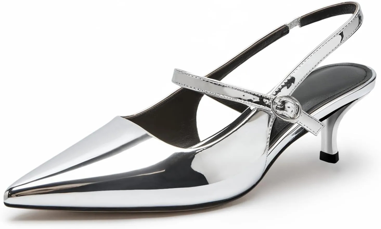 DREAMCIA Metallic Silver Slingback Heels for Women Wide Width Silver Shoes with Pointed Toe Heels Metallic Silver Heels for Women with Buckle Strap Silver Formal Pumps Silver Size 6