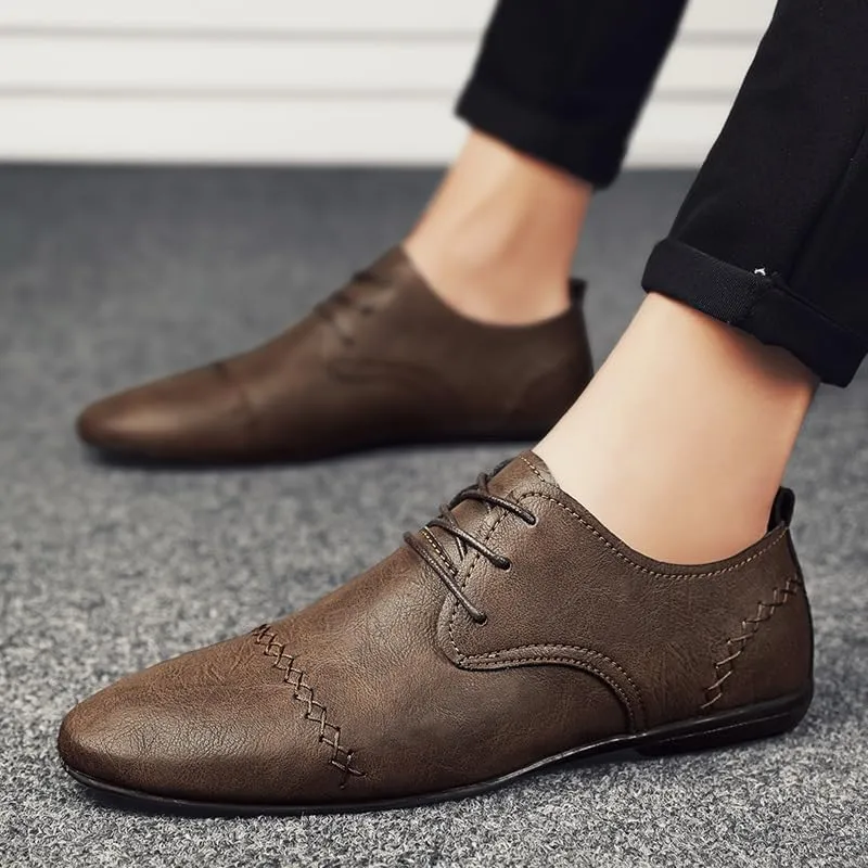 Dress Formal Shoes for Men Lace Up Pointed Toe Faux Leather Cap Toe Derby Shoes Low Top Non Slip Block Heel Party(Brown,8.5)