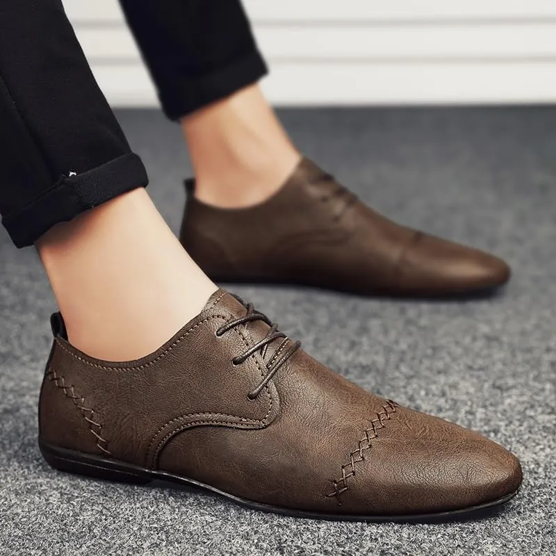 Dress Formal Shoes for Men Lace Up Pointed Toe Faux Leather Cap Toe Derby Shoes Low Top Non Slip Block Heel Party(Brown,8.5)