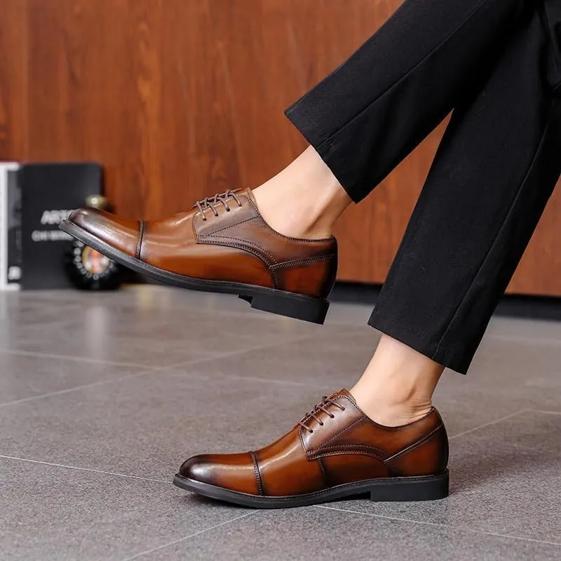 Dress Oxford Formal Shoes for Men Lace Up Round Burnished Toe Leather Cap Toe Derby Shoes Low Top Non Slip Rubber Sole Wedding