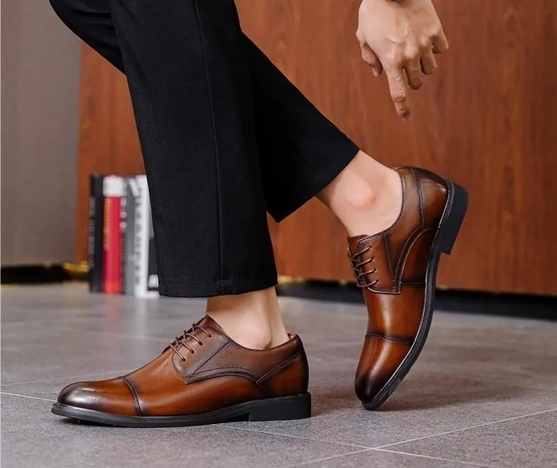 Dress Oxford Formal Shoes for Men Lace Up Round Burnished Toe Leather Cap Toe Derby Shoes Low Top Non Slip Rubber Sole Wedding