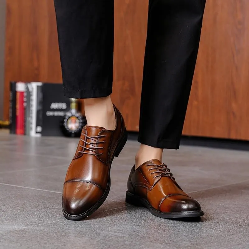 Dress Oxford Formal Shoes for Men Lace Up Round Burnished Toe Leather Cap Toe Derby Shoes Low Top Non Slip Rubber Sole Wedding