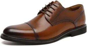 Dress Oxford Formal Shoes for Men Lace Up Round Burnished Toe Leather Cap Toe Derby Shoes Low Top Non Slip Rubber Sole Wedding
