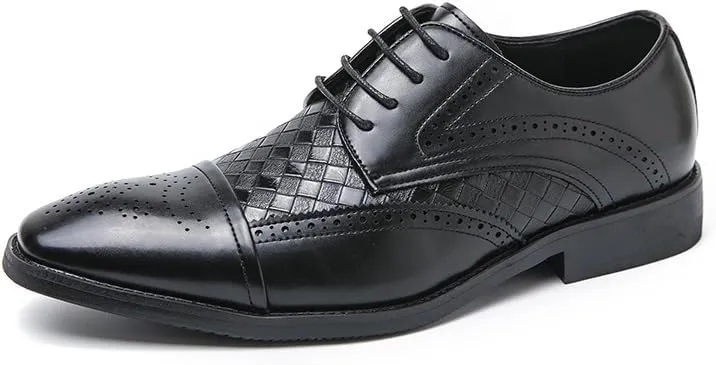 Dress Oxford Formal Shoes for Men Lace Up Square Toe Faux Leather Cap Toe Plaid Derby Shoes Low Top Rubber Sole Resistant Non Slip Block Heel Party