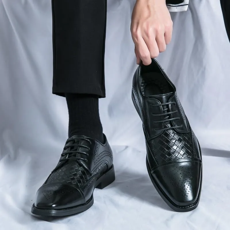 Dress Oxford Formal Shoes for Men Lace Up Square Toe Faux Leather Cap Toe Plaid Derby Shoes Low Top Rubber Sole Resistant Non Slip Block Heel Party