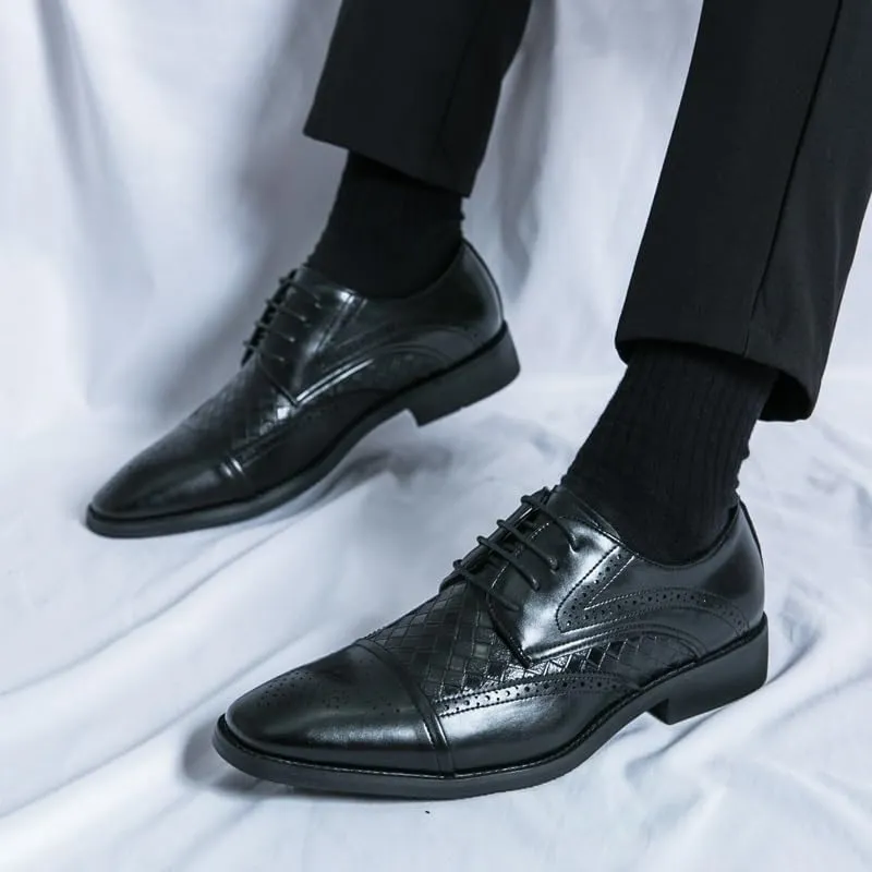 Dress Oxford Formal Shoes for Men Lace Up Square Toe Faux Leather Cap Toe Plaid Derby Shoes Low Top Rubber Sole Resistant Non Slip Block Heel Party
