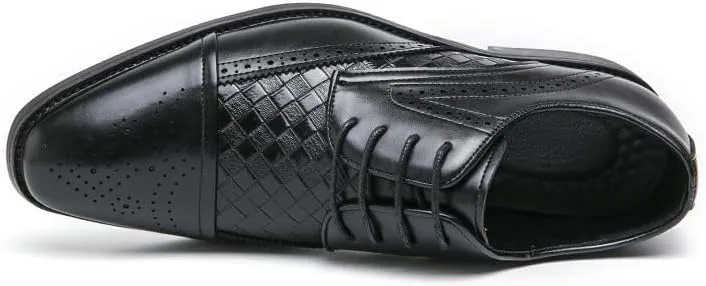 Dress Oxford Formal Shoes for Men Lace Up Square Toe Faux Leather Cap Toe Plaid Derby Shoes Low Top Rubber Sole Resistant Non Slip Block Heel Party