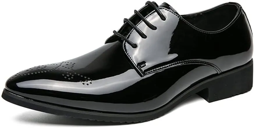 Dress Oxford Shoes for Men Lace Up Brogue Pointed Toe Faux Leather Derby Shoes Block Heel Non Slip Rubber Sole Slip Resistant Wedding