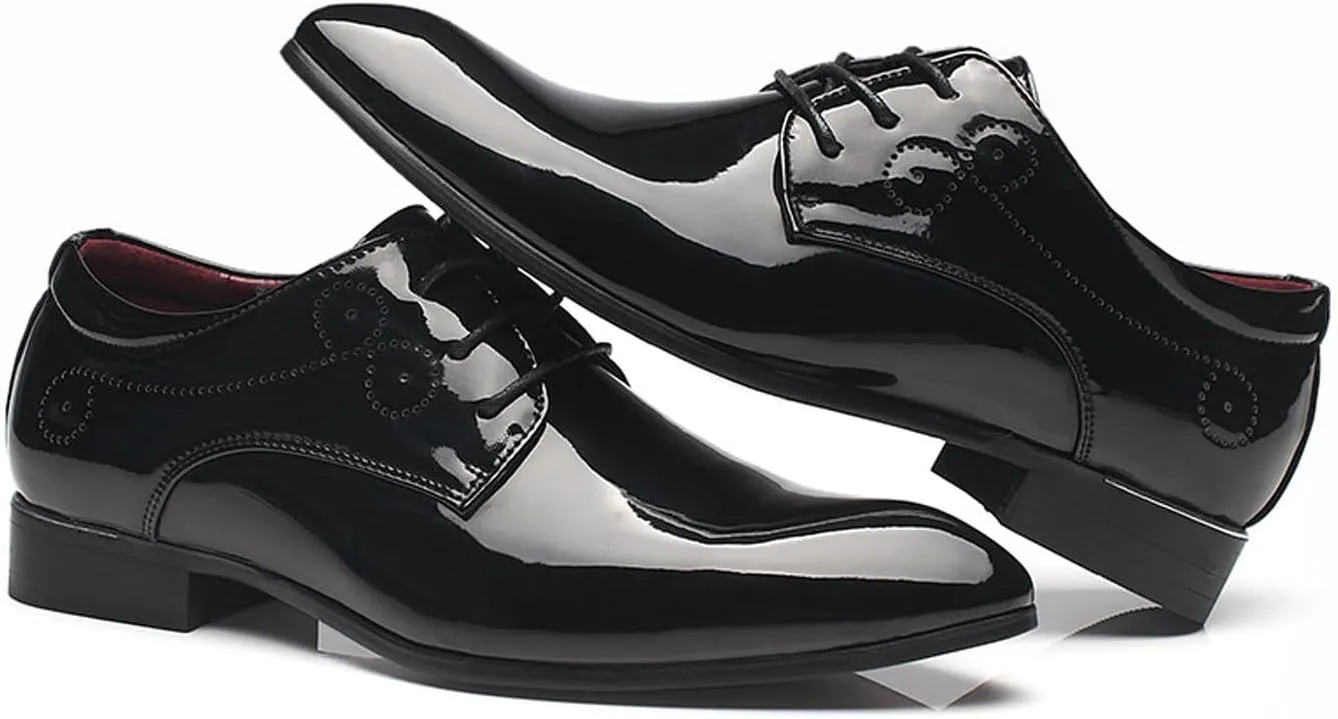 Dress Shoes for Men Pointed Toe Classic Patent Leather Lace Up Oxford Blue Red White