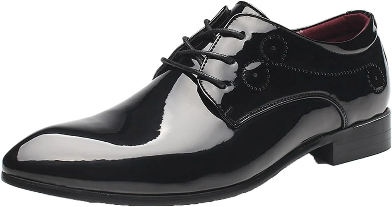 Dress Shoes for Men Pointed Toe Classic Patent Leather Lace Up Oxford Blue Red White