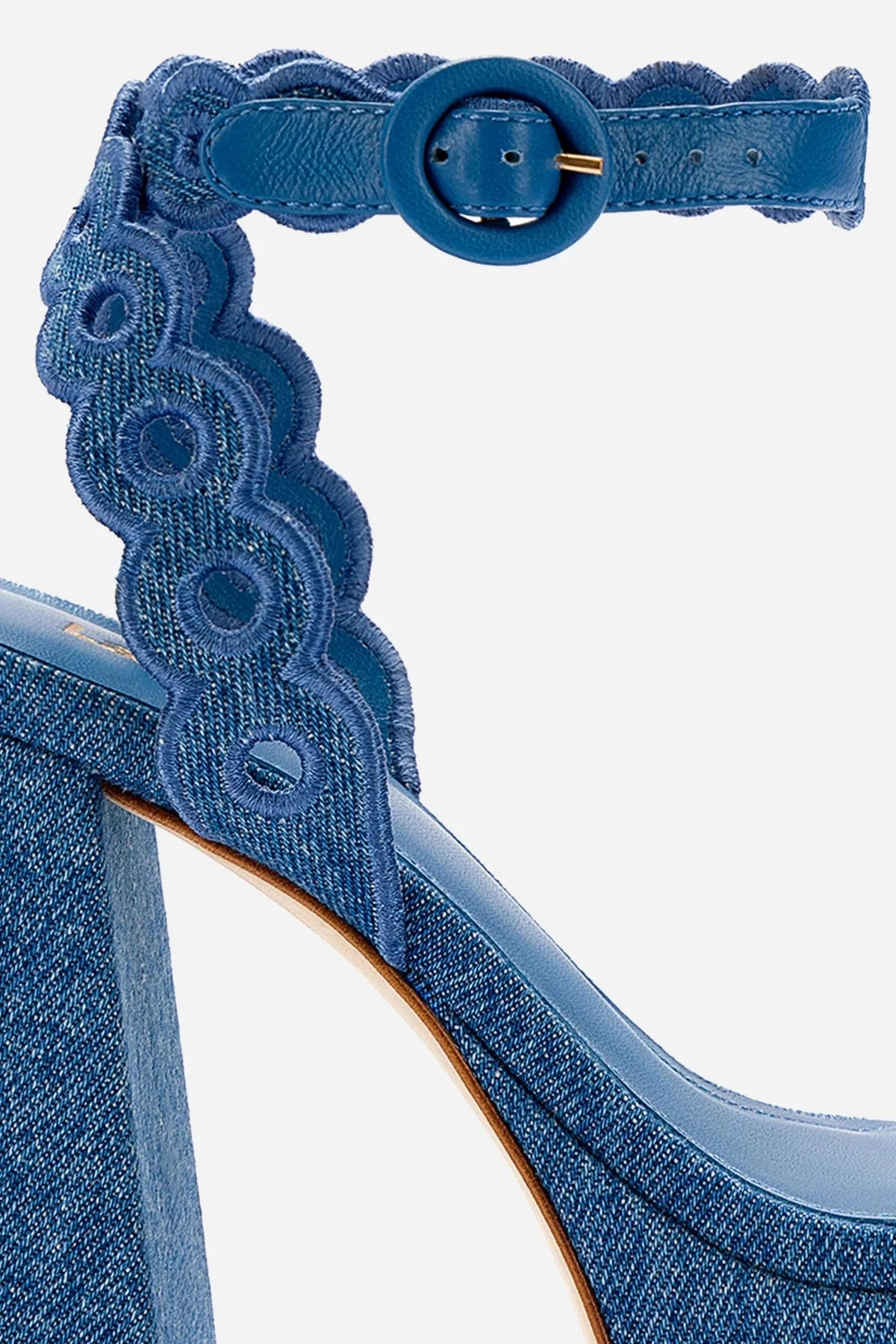 Date Soft Easy To Clean Dolly Broderie Sandal In Blue Stoned Denim