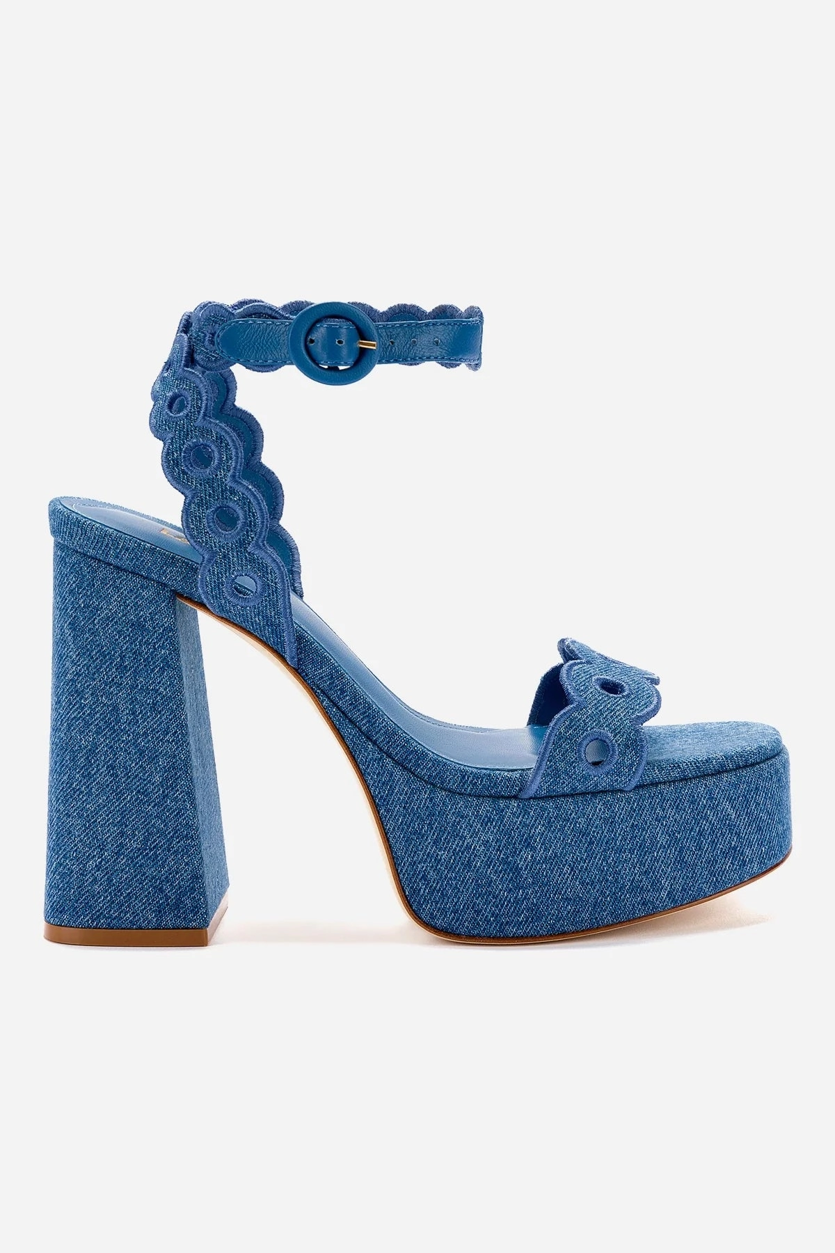 Easy To Clean Dolly Broderie Sandal In Blue Stoned Denim Sea Fun festival look