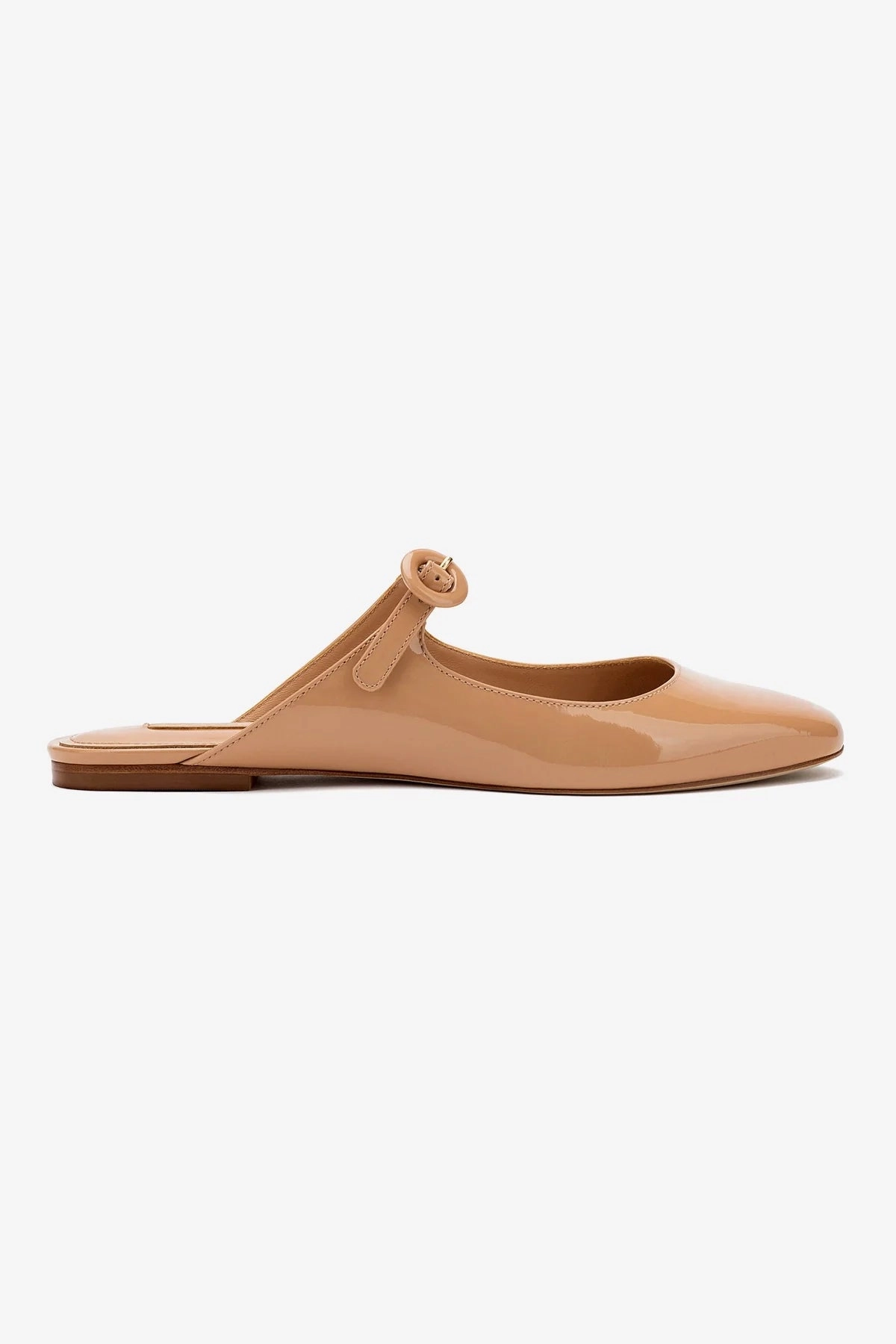 Blair Flat Mule In Tan Patent Leather Fire Glow