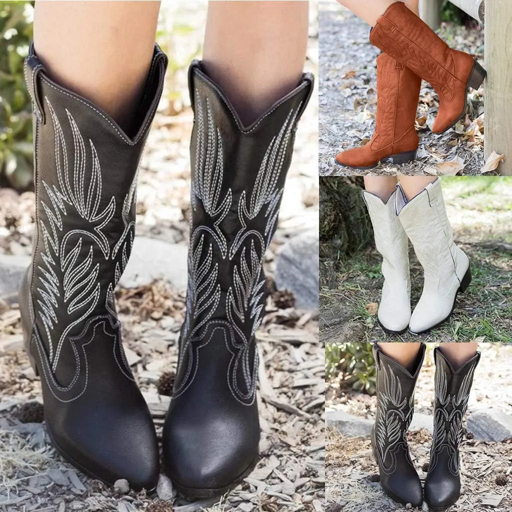 Eduavar Cowboy Boots for Women Cowboy Style, Western Boots Women Wide Calf Amelia Western Boots Pointed Toe Low Heel Boots