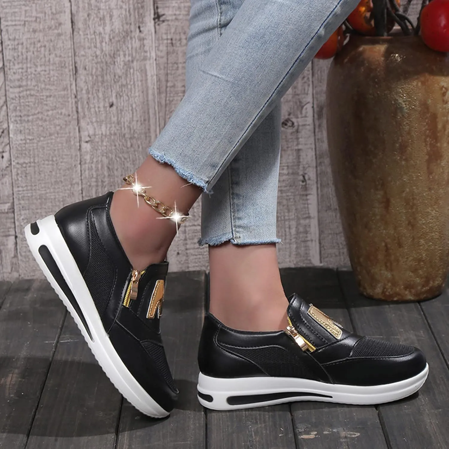Eduavar Sneakers for Women Trendy, Womens Sneakers Trendy Leather Zip Up Sneakers Breathable Walking Sneakers Shoes