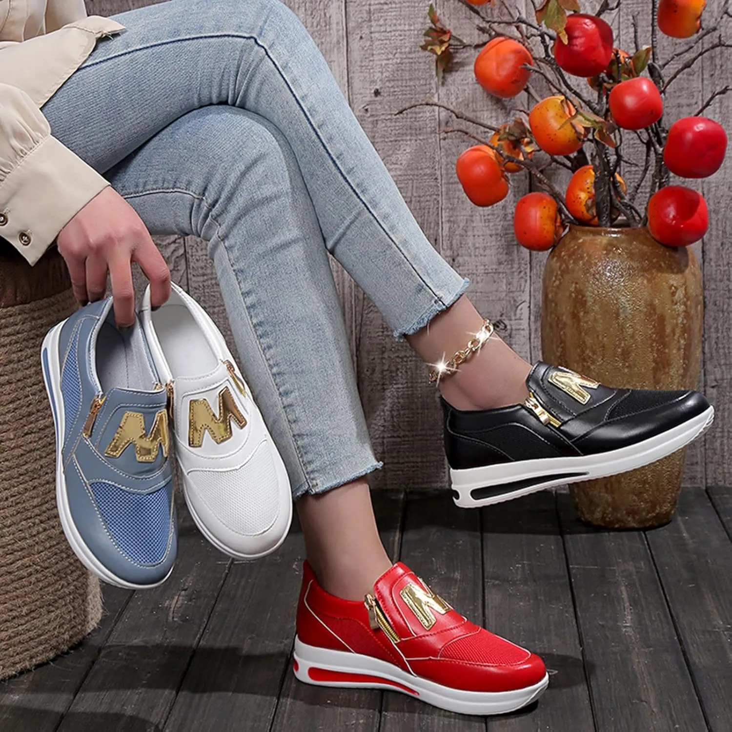Eduavar Sneakers for Women Trendy, Womens Sneakers Trendy Leather Zip Up Sneakers Breathable Walking Sneakers Shoes