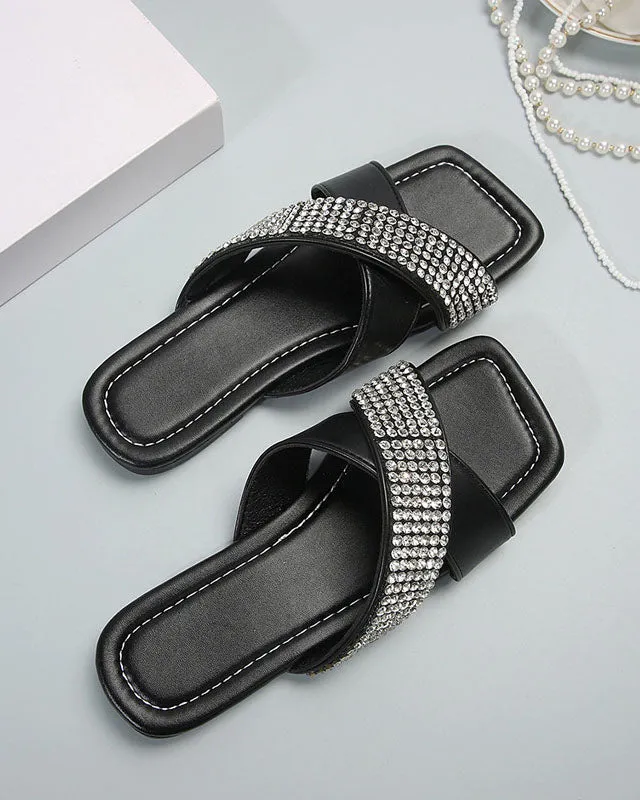 elveswallet Cross Strap Rhinestone Square Toe Roman Slides