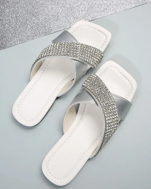 elveswallet Cross Strap Rhinestone Square Toe Roman Slides