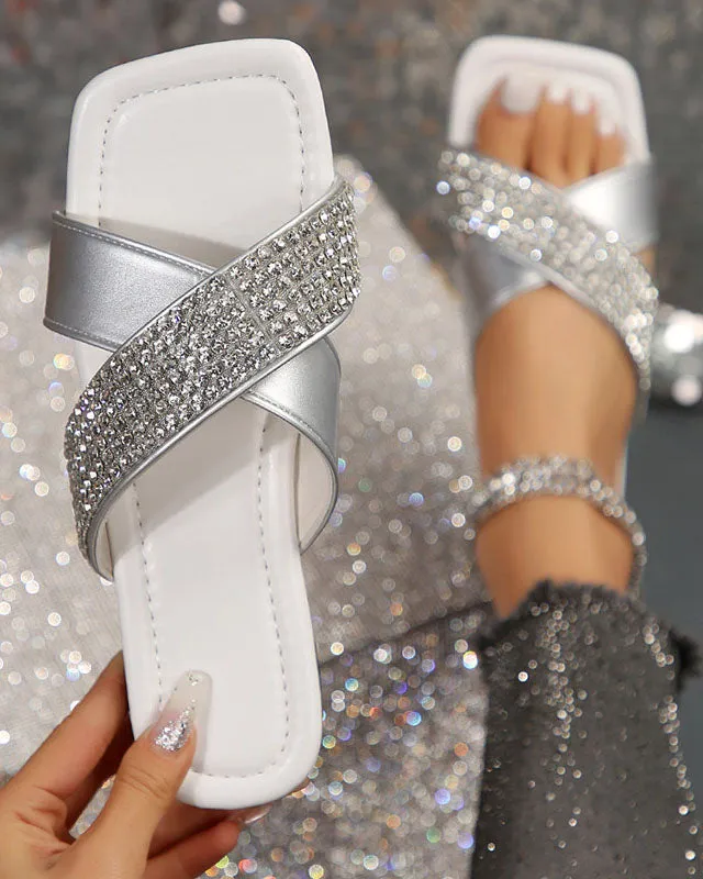 elveswallet Cross Strap Rhinestone Square Toe Roman Slides
