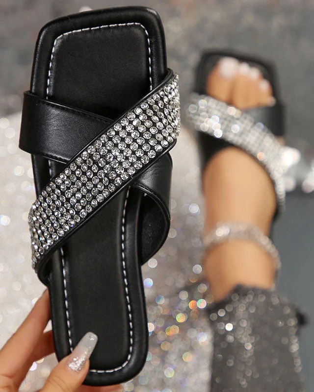 elveswallet Cross Strap Rhinestone Square Toe Roman Slides