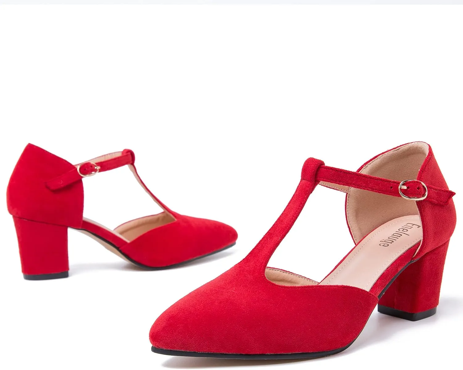 Enelauge Women's T-Strap Mary Jane Pumps Pointed Toe Ankle Strap Buckle Chunky Block Heel D'Orsay Sandals Dress Shoes