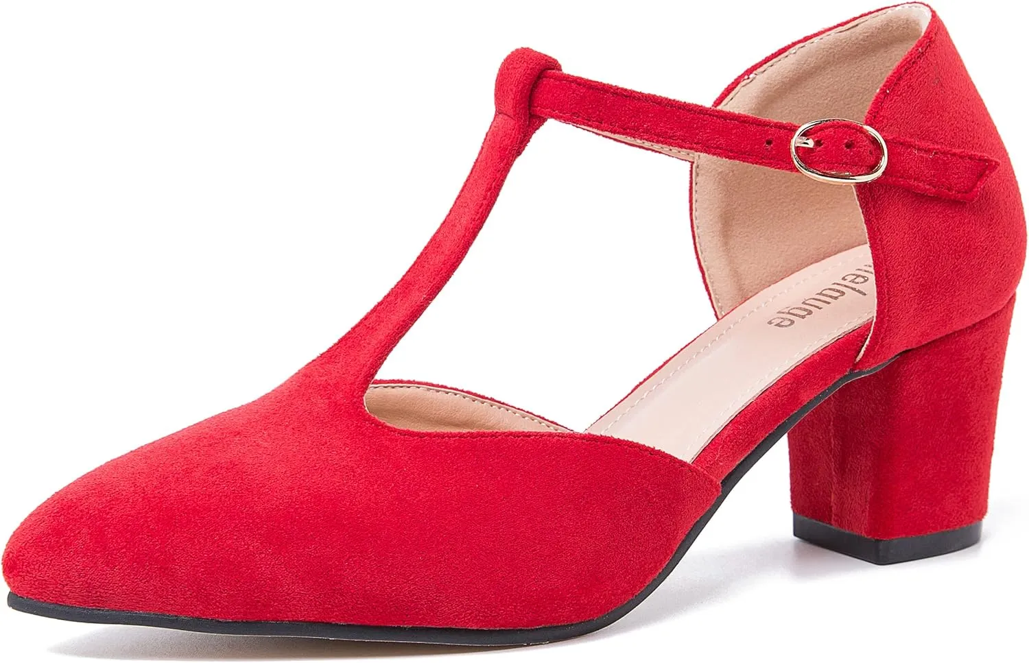 Enelauge Women's T-Strap Mary Jane Pumps Pointed Toe Ankle Strap Buckle Chunky Block Heel D'Orsay Sandals Dress Shoes