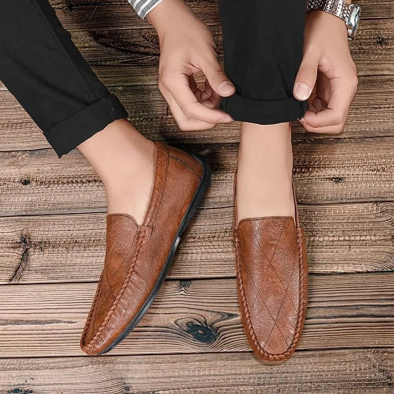Fashion Loafers for Mens Vegan Leather Working Round Toe Solid Color Casual Heel Non Slip Anti-Slip Low Top Rubber Sole Shoe