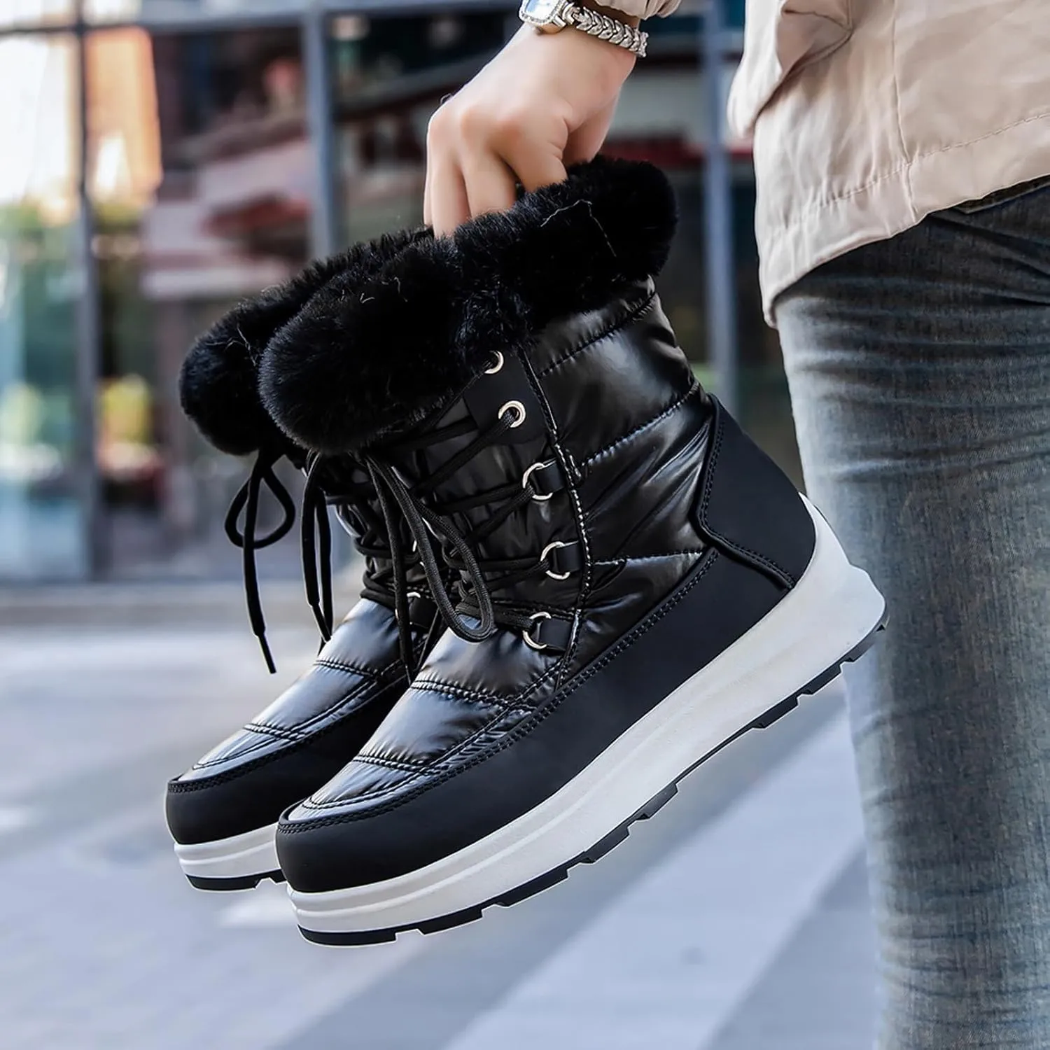 Fashion Women Winter Water Proof Flat Lace Up Keep Warm Snow Boots Comfortable Mid Boots Shoes Flat Snow Boots for Women Knee