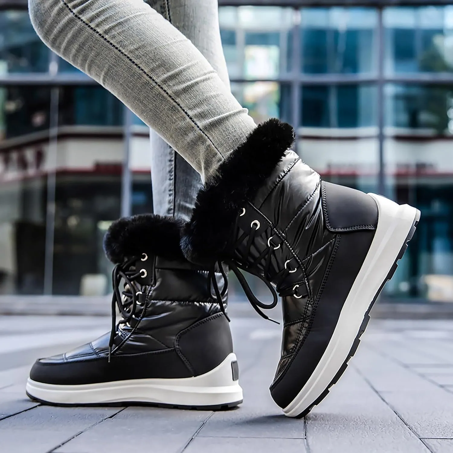 Fashion Women Winter Water Proof Flat Lace Up Keep Warm Snow Boots Comfortable Mid Boots Shoes Flat Snow Boots for Women Knee