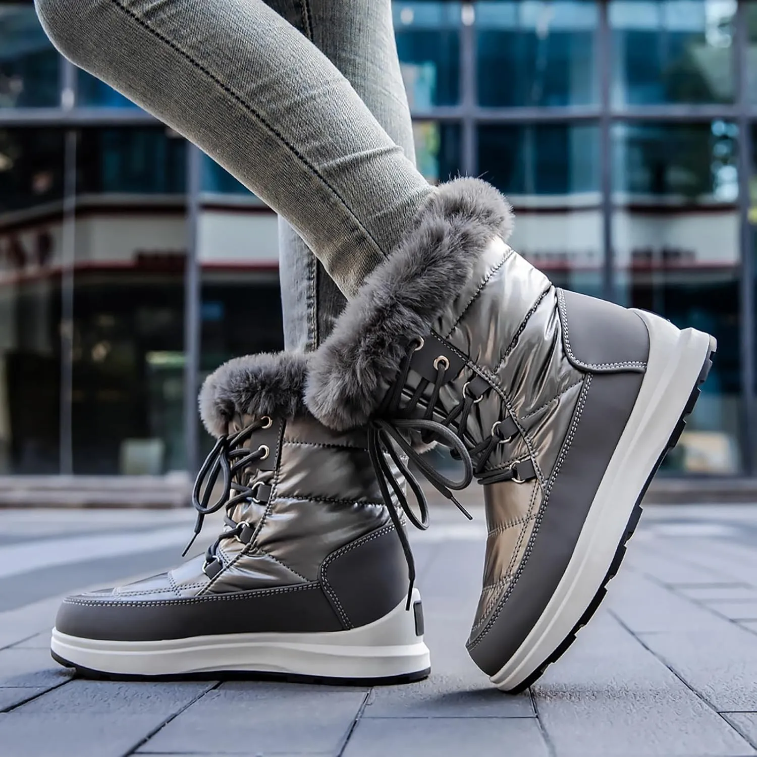 Fashion Women Winter Water Proof Flat Lace Up Keep Warm Snow Boots Comfortable Mid Boots Shoes Flat Snow Boots for Women Knee