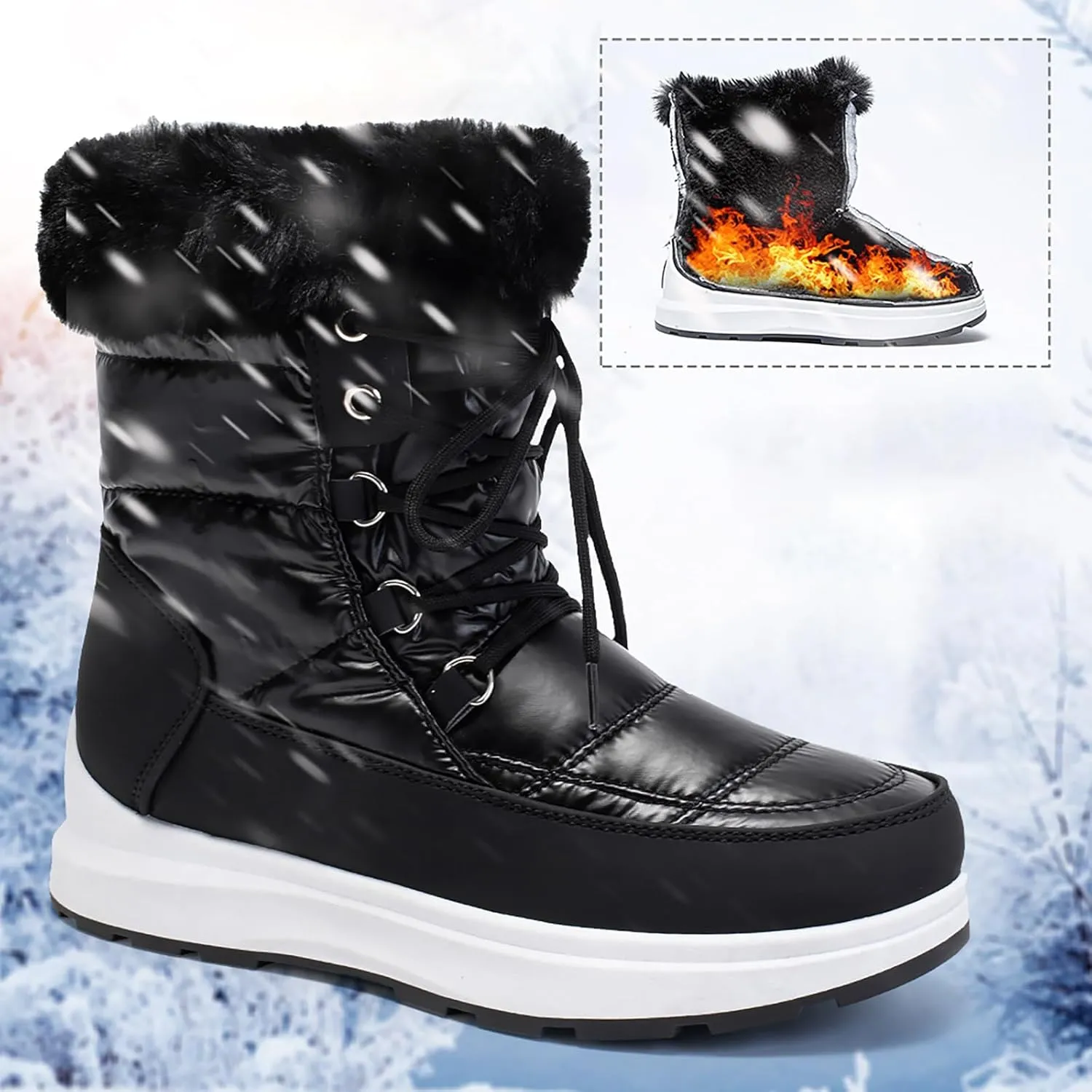 Fashion Women Winter Water Proof Flat Lace Up Keep Warm Snow Boots Comfortable Mid Boots Shoes Flat Snow Boots for Women Knee