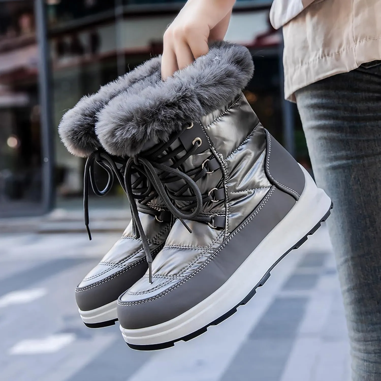 Fashion Women Winter Water Proof Flat Lace Up Keep Warm Snow Boots Comfortable Mid Boots Shoes Flat Snow Boots for Women Knee