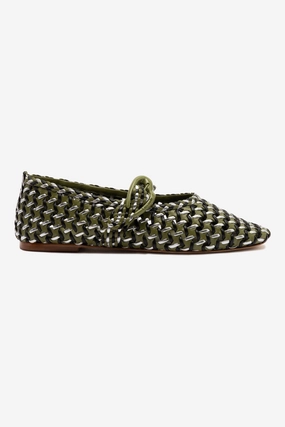 Runway Mood Verona Macrame Ballet Flat In Seaweed, Black and Silver Metallic Leather