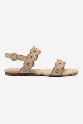 Florence Broderie Flat Sandal In Natural Raffia and Hazelnut Trimming Comfortable Look
