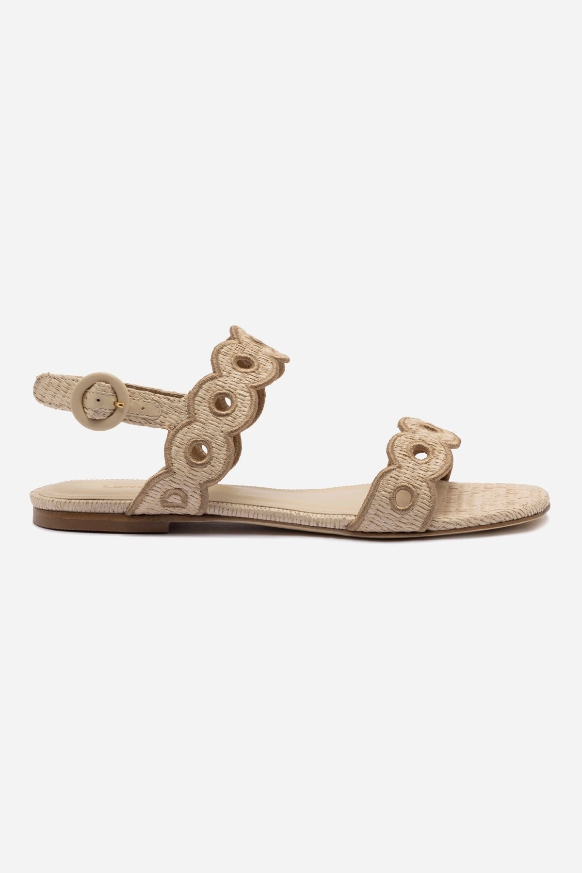 Florence Broderie Flat Sandal In Natural Raffia and Hazelnut Trimming Comfortable Look