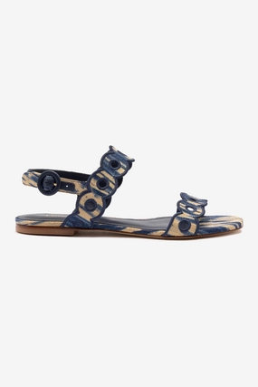 Exhibit Day Everyday Comfort Florence Broderie Flat Sandal In Tie Dye Beige and Navy Raffia