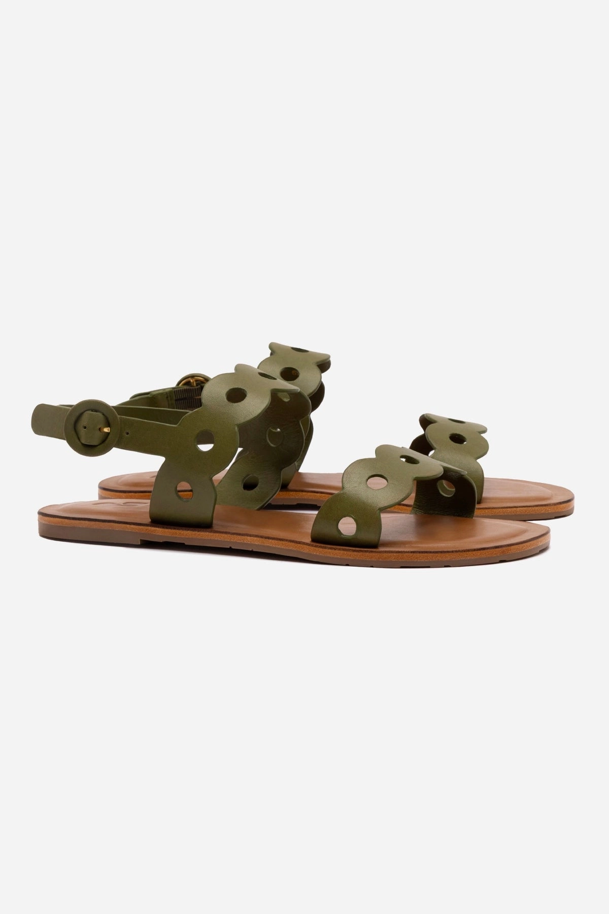 Coral Glow Adjust Buckle Florence Flat Sandal In Seaweed Leather