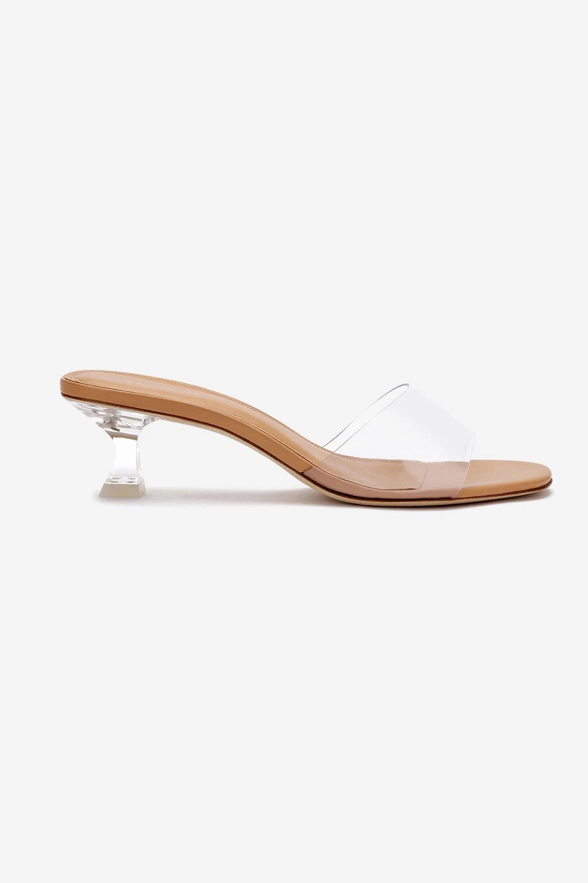 Foot Support Design Vivi Lucite Mule In Tan Leather and Vinyl Footbed Massage Nodes