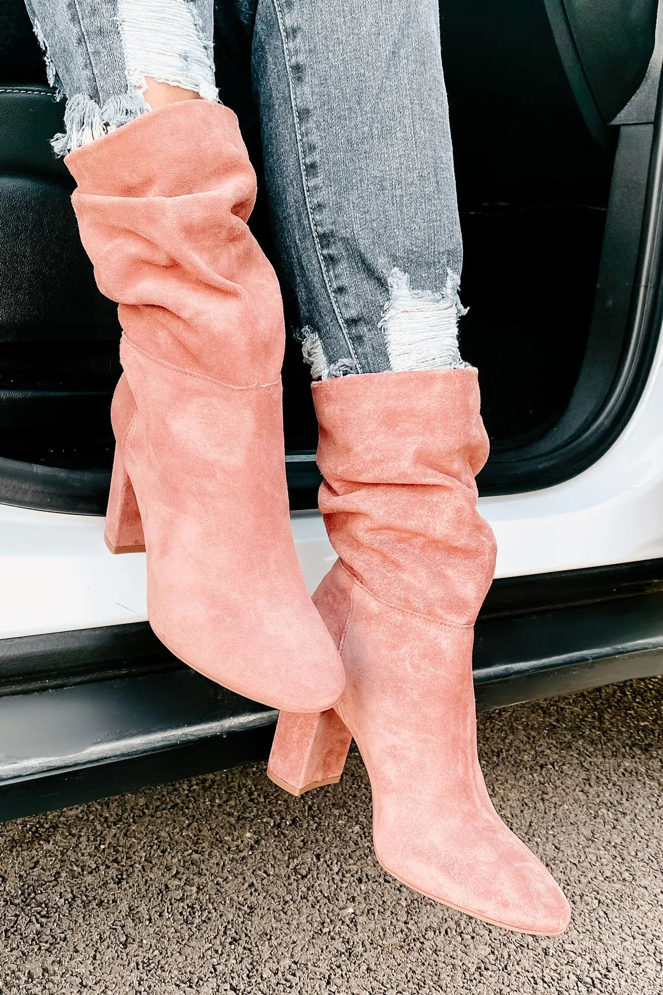 Forget Yesterday Slouchy Faux Suede Boots (Rose)