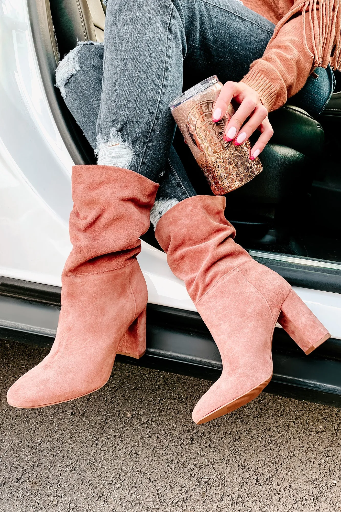 Forget Yesterday Slouchy Faux Suede Boots (Rose)