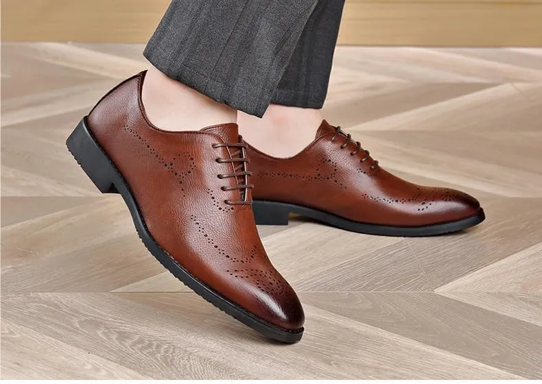 Formal Shoes Dress Oxford for Men Lace Up Round Burnished Toe Brogues Leather Oxford Shoes Block Heel Rubber Sole Non Slip Resistant Anti-Slip Prom