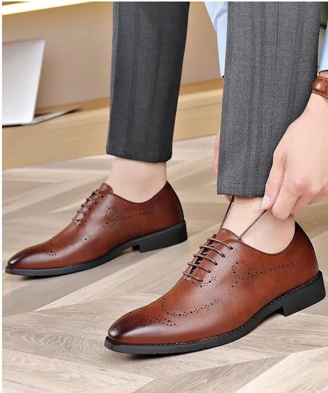 Formal Shoes Dress Oxford for Men Lace Up Round Burnished Toe Brogues Leather Oxford Shoes Block Heel Rubber Sole Non Slip Resistant Anti-Slip Prom