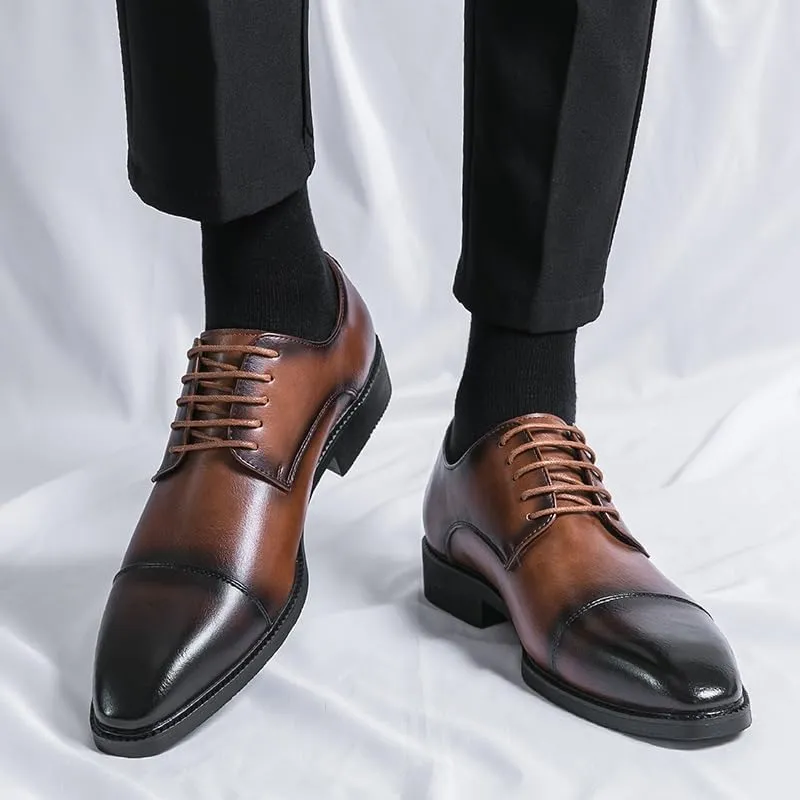 Formal Shoes for Men Lace Up Pointed Burnished Toe Derby Shoes Cap Toe PU Leather Non Slip Resistant Anti-Slip Block Heel Low Top Wedding